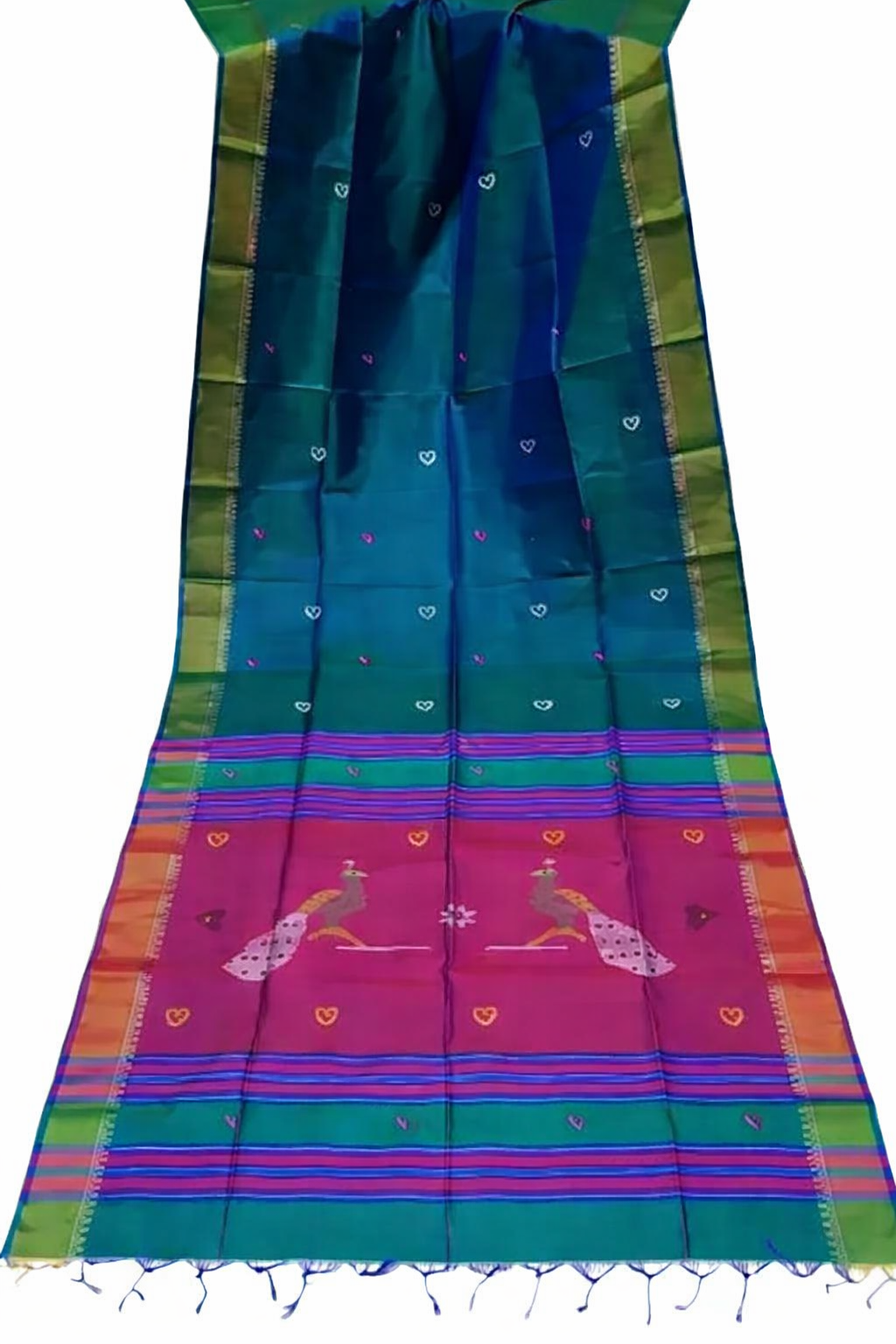 Pure Katan silk saree full view showcasing traditional handloom weaving with rich teal, green, and magenta colour combination