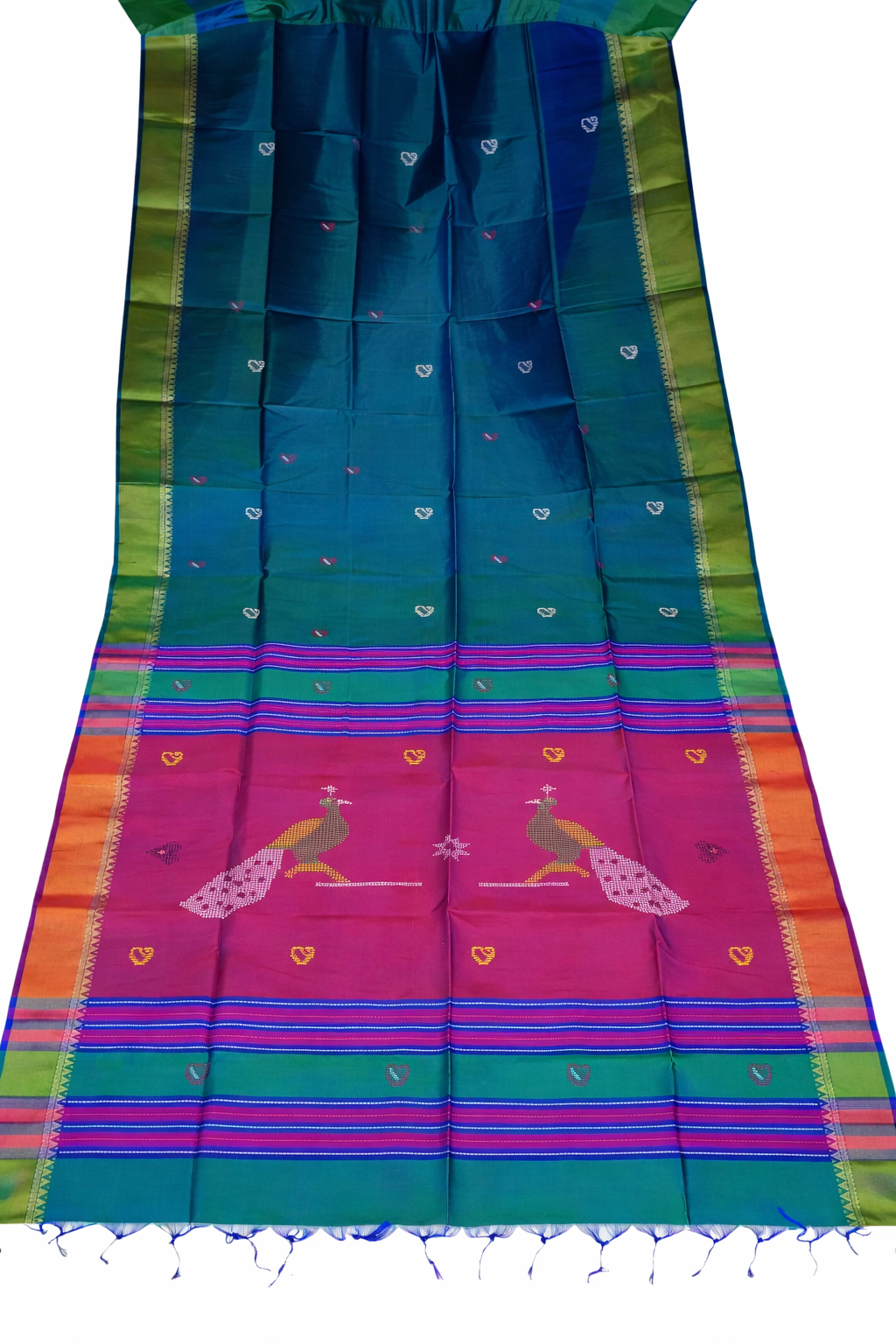 Katan silk saree pallu side with peacock motif, multicolour striped border, and vibrant handloom design
