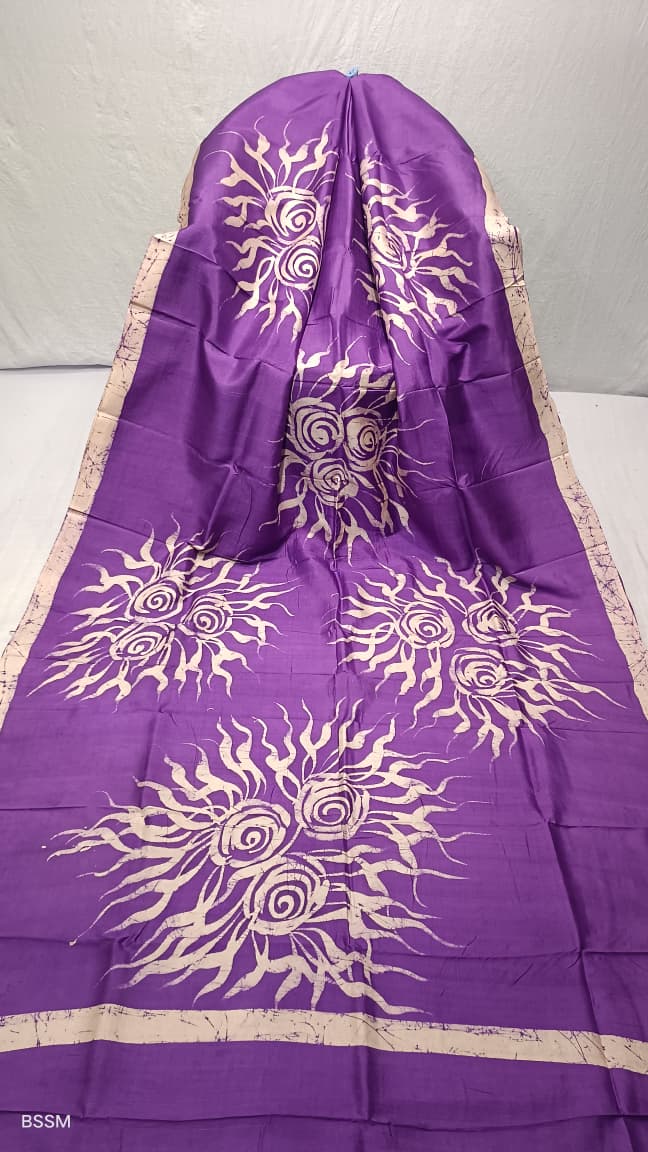 Bishnupuri pure Katan silk saree in royal purple with handcrafted beige sun motifs, authentic Bengal handloom silk saree