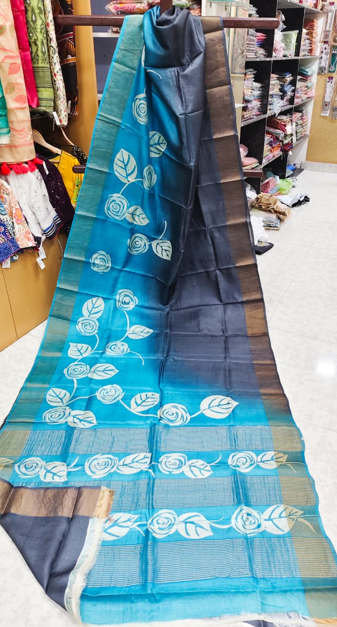 Pure Tussar silk saree in teal blue and charcoal grey with handcrafted floral vine motifs, authentic Indian handloom silk saree