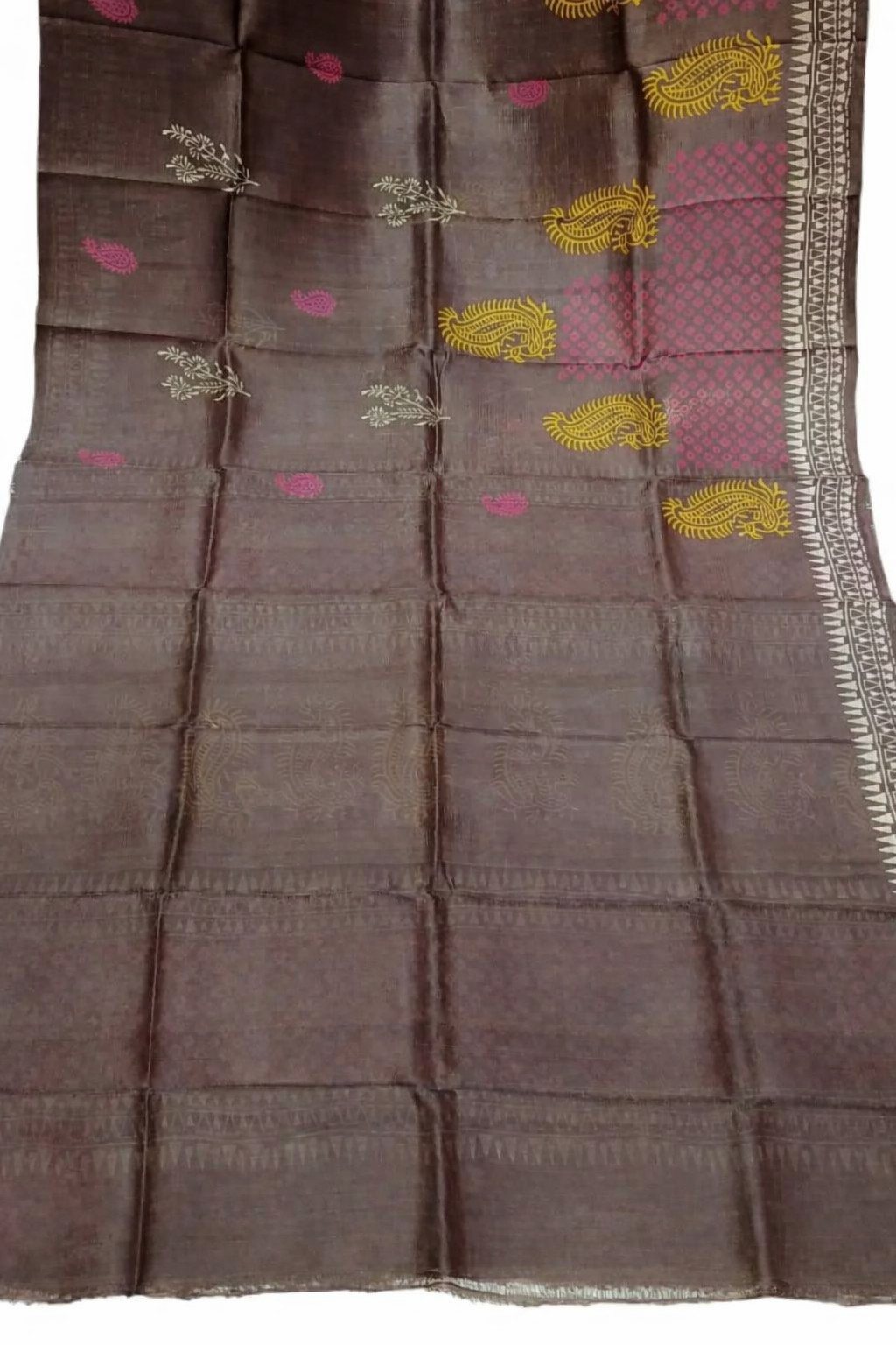 Close-up of traditional paisley and floral motifs on Murshidabad pure silk saree