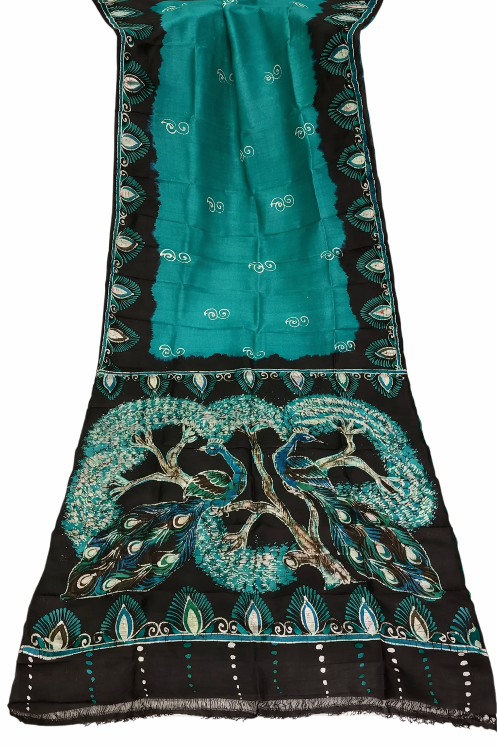 Murshidabad handloom pure silk saree with peacock motif pallu and teal black color