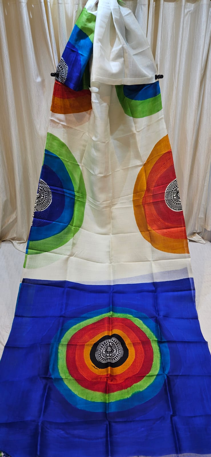 Bishnupuri katan pure silk saree with multicolor circular motif and blue pallu