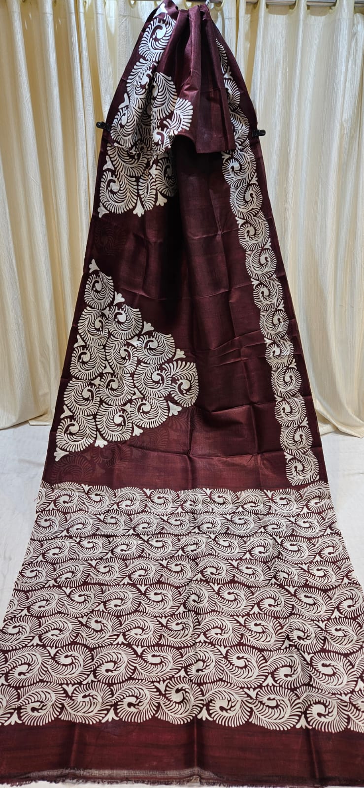 Maroon Bishnupuri katan pure silk saree with traditional white woven motifs