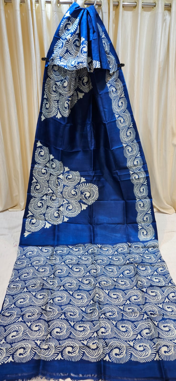 Royal blue Bishnupuri katan pure silk saree with traditional white jamdani motifs