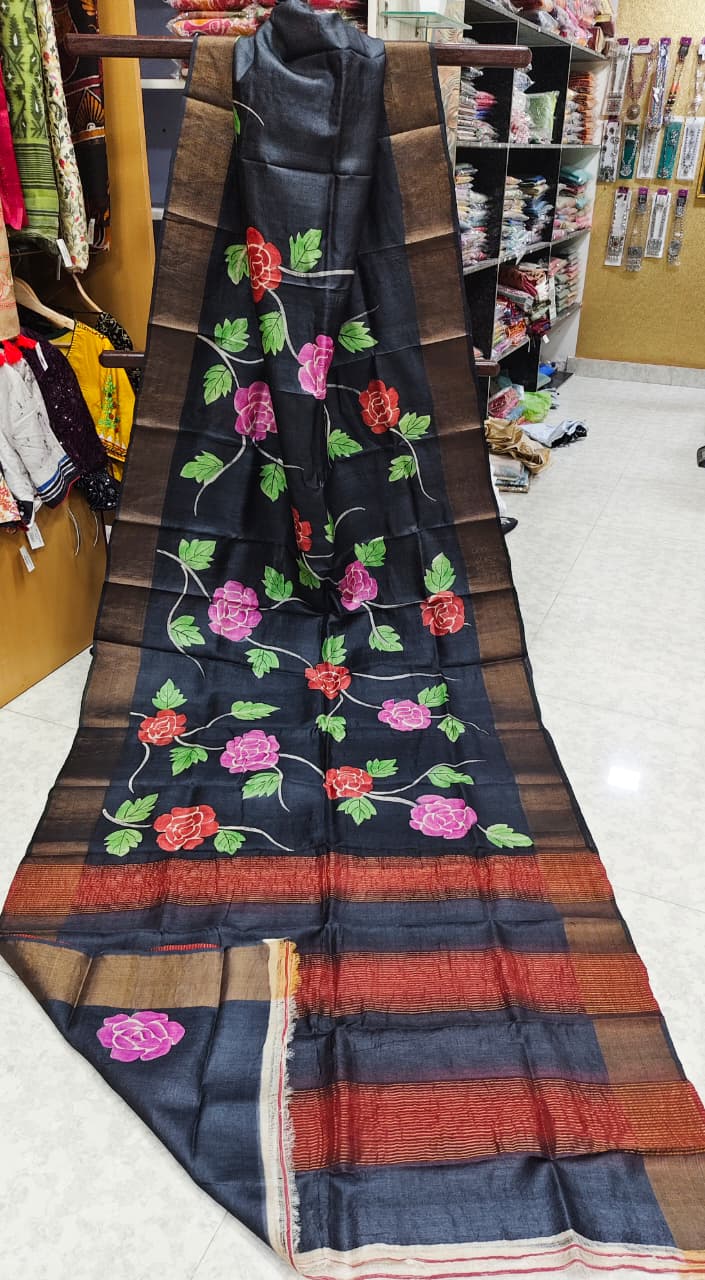 Black Tussar Silk Saree with Floral Print and Contrast Traditional Border