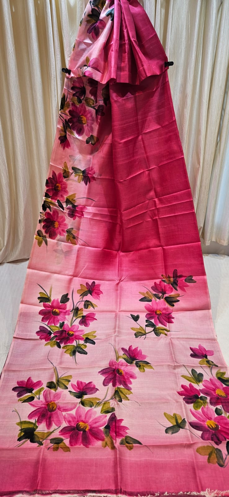 Pure Katan silk pink saree with hand-painted floral design, soft premium silk wedding and party wear saree