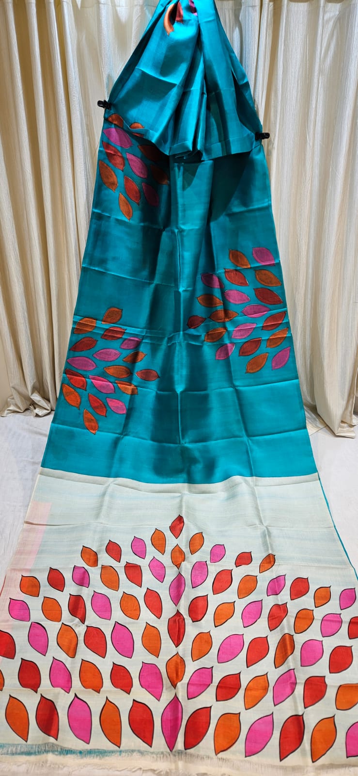 Pure Katan silk teal blue saree with multicolor leaf motif design, premium soft silk festive and wedding wear saree