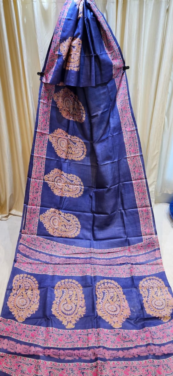 Gachi tussar silk royal blue saree with traditional paisley motifs and woven border, premium festive and wedding wear saree