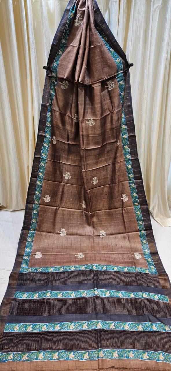 Pure tussar silk brown handloom saree with contrast border and traditional motifs, premium ethnic and festive wear saree